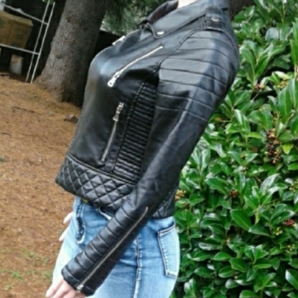 EUR 28 Slim Moto Jacket of Soft, Black PU Leather